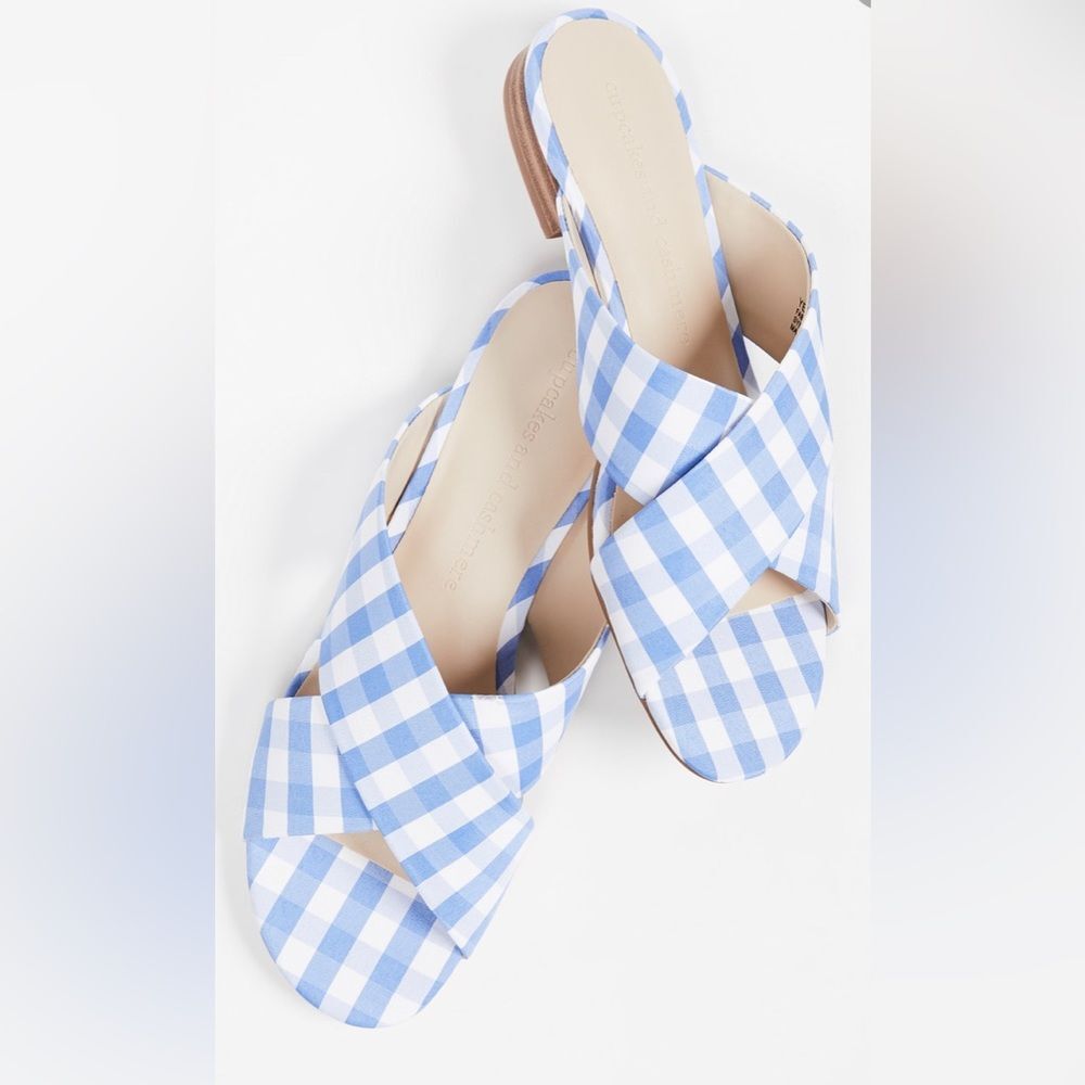 Women Light Blue Gingham Plaid Yesenia Crisscross Slides Flat Sandals Size 8